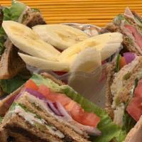 Club Sandwich · Fresh Cut Ham, Roasted Turkey, Bacon,  Lettuce, Tomato, Onion, Avocado, and Chipotle Mayonna...