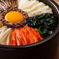 Hot-Pot BiBimBap 돌솥밥 · An assortment of Seasoned Vegetables over Rice with Your Choice of Meat and Egg, Prepared an...