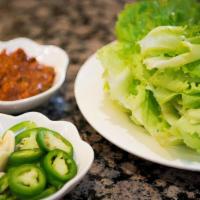 Lettuce 상추 · Lettuce with House Bean Paste (Ssam Jang) and Sliced Garlic and Jalapeno.