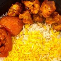 Spicy Chicken Kabob · spicy. chicken breast marinade with spicy sauce and smoked paprika, saffron rice, grill toma...