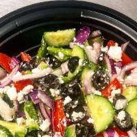 Greek salad · cucumber, red onion, olive, tomato, bell pepper, feta cheese, oregano, special dressing.