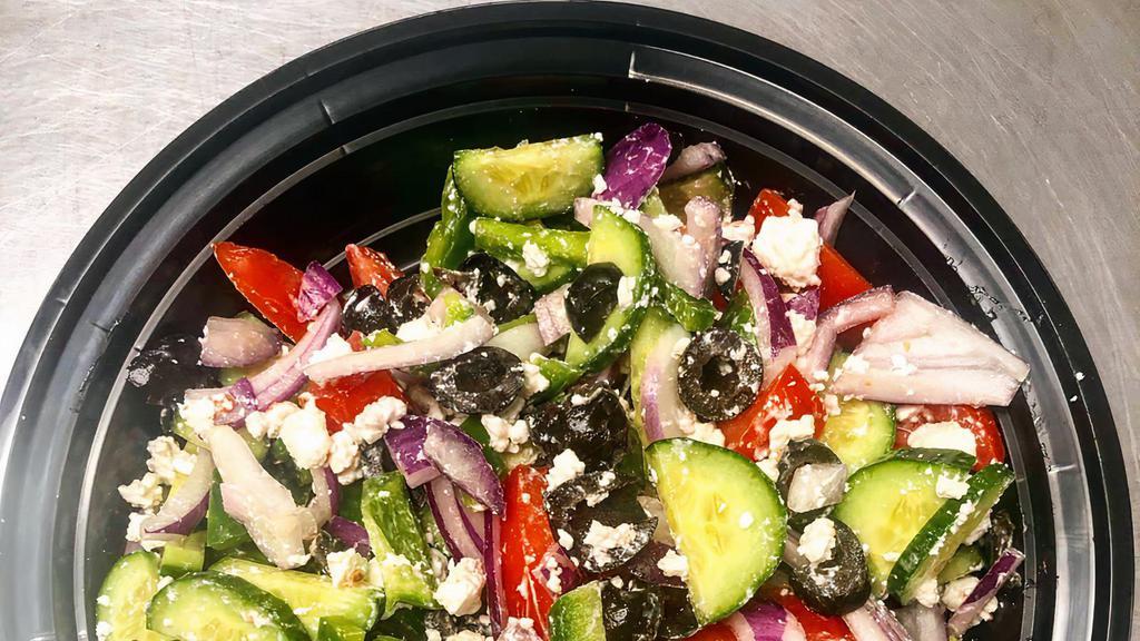 Greek salad · cucumber, red onion, olive, tomato, bell pepper, feta cheese, oregano, special dressing.