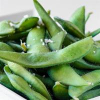 Edamame · Blanched soybeans topped with sea salt.