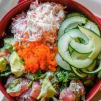 Ahi Poke Bowl · Tuna tossed with wakame, avocado, cilantro, and green onions. Comes with imitation crab, cuc...