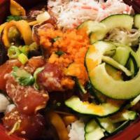 Spicy Ahi Poke Bowl · Tuna tossed with squid salad, green onion and cilantro. Comes with imitation crab, cucumber,...