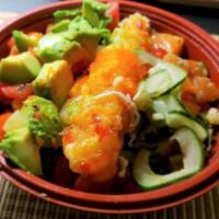 Shrimp Surfer Poke Bowl · Salmon tossed with green onion and cilantro. Comes with imitation crab, cucumber, seaweed sa...