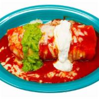 Wet Burrito · Big super burrito (meat, rice, beans, green salsa inside) topped with our homemade enchilada...