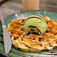 Caramel Mochi Waffle With 2 Scoop Of Ice Cream · Japanese style mochi waffle,  gummy and chewy, delicious with whipped cream, Fruit or ice cr...