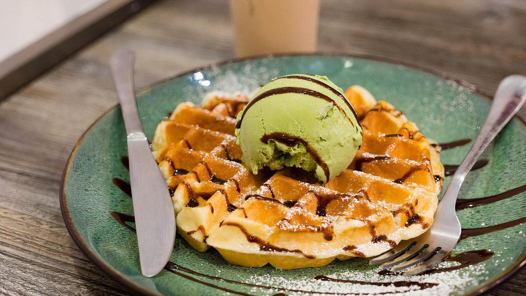 Caramel Mochi Waffle With 2 Scoop Of Ice Cream · Japanese style mochi waffle,  gummy and chewy, delicious with whipped cream, Fruit or ice cream.