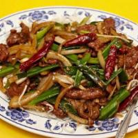 Mongolian Beef
 · Thin slices of beef are cooked with green onions and hot red peppers based with rice noodles.