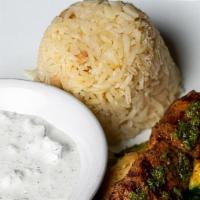 LAMB KEBAB COMBO PLATE · Lamb tender kebab, rice pilaf, sautéed vegetables and tzatziki sauce