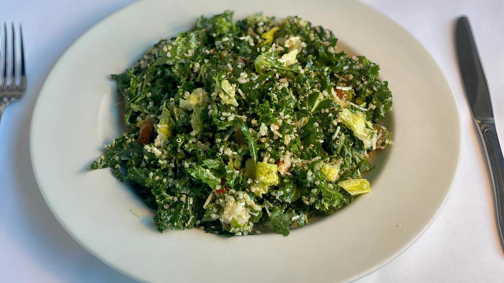 QUINOA Kale Salad · Quinoa, kale, pecans, golden raisins, parmesan cheese, romaine, lemon dressing