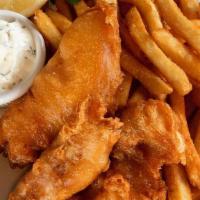 Fish AND chips · Beer-battered Local Cod, tartar sauce, lemon, with a side of fries
