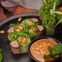 Pork Nem-Nuong Fresh Roll · Vietnamese Grilled Pork Sausage, Brown Rice Paper Roll, Green Leaf, Crispy Roll, Pickled Car...