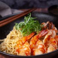 Vietnamese Garlic Noodle with Tiger Prawns · Wavy Ramen Noodles mixed with Garlic Butter Sauce, Sprinkle Grated Parmesan Cheese Served Wi...