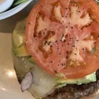 Turkey Avocado Swiss Burger · Grilled turkey burger served with avocado, lettuce, tomato, and onion.