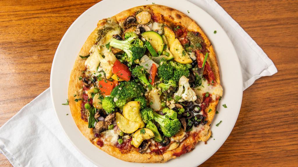 The Veggie · Tomato sauce, sautéed vegetables, mushrooms, spinach, bell peppers, roasted garlic, onions and olives.