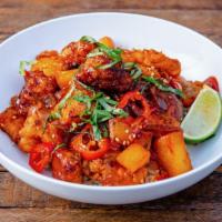 Hot Bangkok Chicken Bowl · Hot and sweet oven-fried chicken with sweet chili sauce, peppers & onions, chili-dusted pine...
