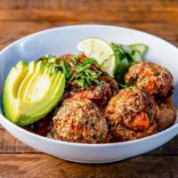 Thai Impossible Meatball Bowl · Impossible meatballs with peanut sauce, avocado, peppers & onions, marinated cucumbers,  bas...