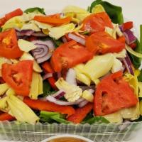 Spinach Salad · Fresh Baby Spinach, Marinated Artichokes Hearts, Red Onions, Green Peppers, Black Olives, Mo...
