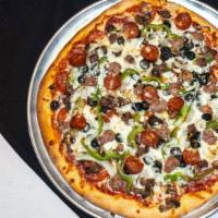 The Italia Combo Pizza · Salami, pepperoni, Italian sausage, linguica, beef, mushrooms, onions, green peppers, black ...