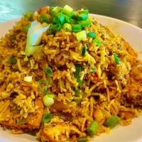 Fried Rice · Indo-Chinese style fried rice made with Carrots, Bell Peppers, Cabbage, Green Onions.
