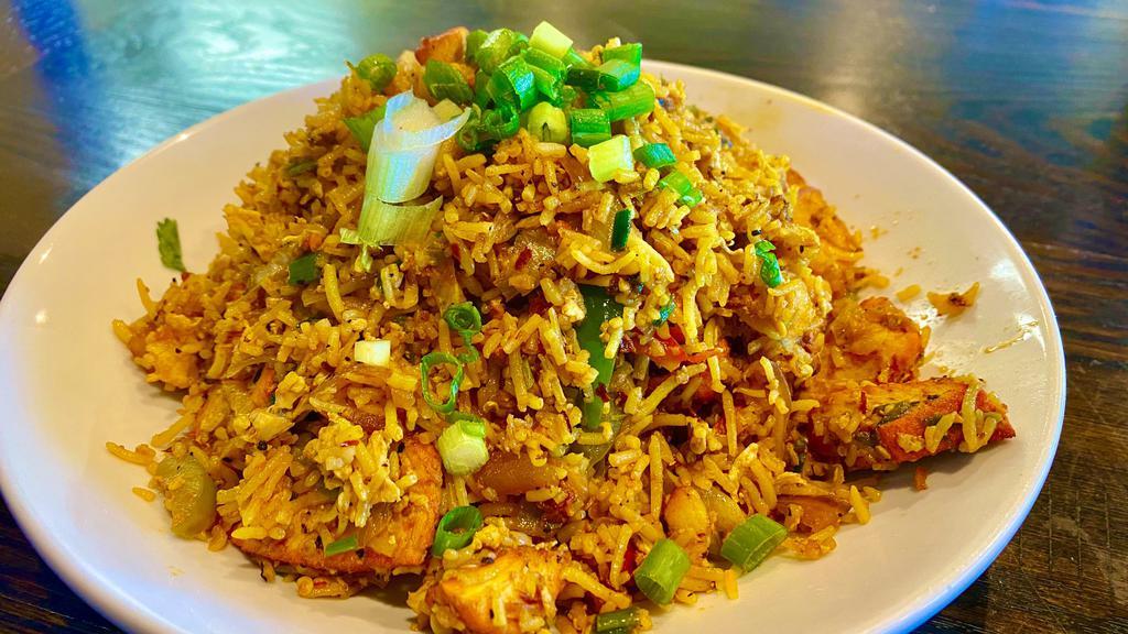 Fried Rice · Indo-Chinese style fried rice made with Carrots, Bell Peppers, Cabbage, Green Onions.