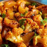 Cauliflower potato Curry (Aloo Gobi) · Vegan, gluten free. Organic red skin potatoes, Watsonville cauliflower, onion, tomato, ginge...