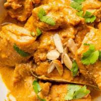 Chicken Korma · Nuts, gluten free. Chicken chunks cooked with blend of spices, brown onion, cream and cashew...