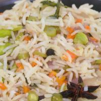 Veg Pulao · Gluten free. Seasoned basmati rice tossed with mix vegetable.