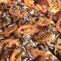 Italiano Pizza · Thin crust with Dutchman's Garlic Sauce, Mushrooms, Red Onions, Salami, Italian Sausage, Rom...