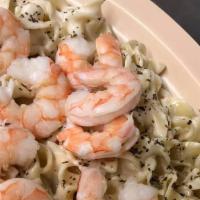 Shrimp Fettuccine Alfredo · Pasta covered with white creamy Alfredo sauce with basil topping. We add fresh cooked shrimp...