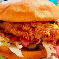 Southern Fried Chicken Sandwich · Our take to a Southern style Fried Chicken, with Chipotle Aioli, Lettuce, Fresh Cilantro,Pic...