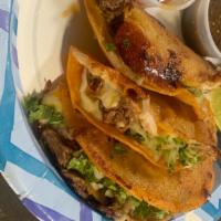 3 Quesabirria Tacos · 3 Crispy Corn tortilla Stuffed with cheese and our tender beef stew meat (Birria), cilantro ...