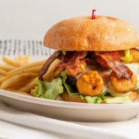 Tower Chipotle Burger · Angus beef burger with pepper jack cheese, bacon, jalapeno bottle caps, chipotle aioli, pick...
