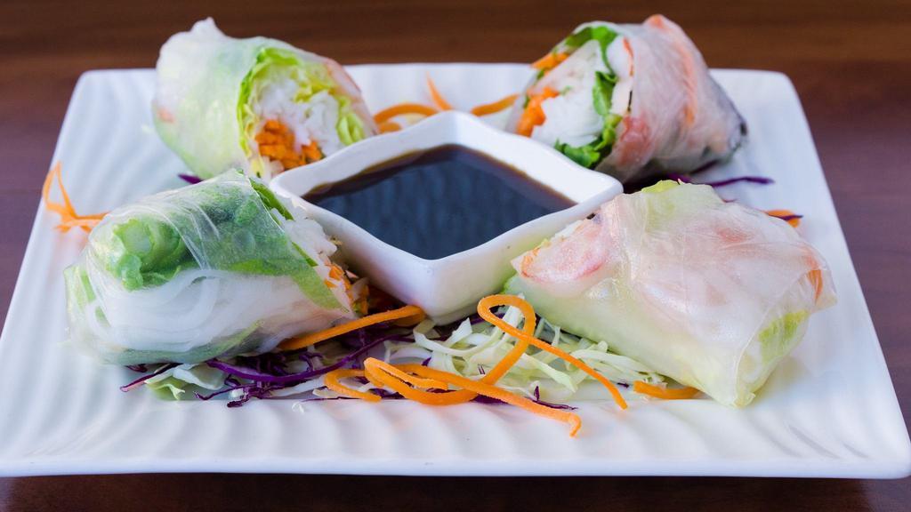 Fresh Spring Roll · rice paper roll stuffed with rice noodles, bean sprouts, carrots, and mint leaves