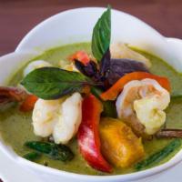 Green Curry · Medium-spicy. String beans, eggplant, bamboo shoots, basil leaves, bell peppers.