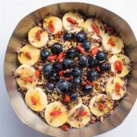 Superfood Bowl · Base blend: organic açaí, vb blend, almond milk, graviola, pitaya, kale, bananas, strawberri...
