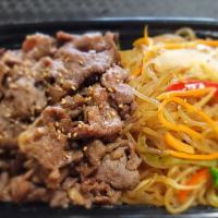 Bulgogi Combo · Marinated beef
+ white rice  
+ Jap Chae (clear yam noodle w/ vegetables
+ Soup (beef tofu, ...