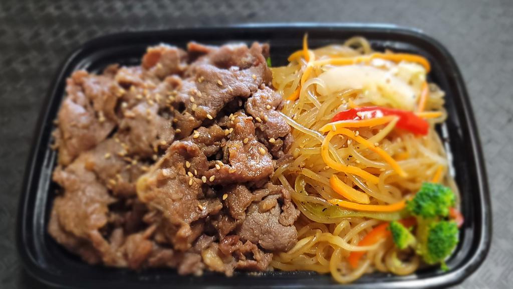 Bulgogi Combo · Marinated beef
+ white rice  
+ Jap Chae (clear yam noodle w/ vegetables
+ Soup (beef tofu, mild)
