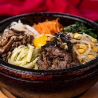 Beef Dolsot 소고기 돌솥 · Beef, Vegetable & Egg over rice in Hot Stone Pot