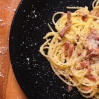 Carbonara · gluten-free option.  spaghetti, eggs, parmigiano-reggiano, pancetta.