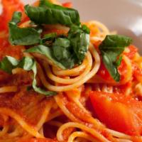 Spaghetti Pomodoro · vegetarian, vegan option, gluten-free option. .  spaghetti, basil, sicilian garlic marinara.