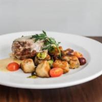Filetto di Vitello · gluten-free.  grilled bacon wrapped veal steak, brandied gorgonzola sauce, sage and butter g...