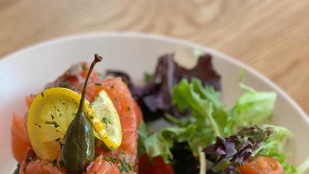 Smoked Salmon · Boiled egg, cucumbers, cherry tomatoes, red onions and pesto aioli.
