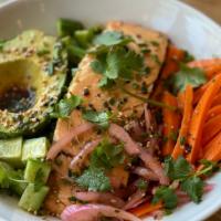 King's Bowl · Tender poached king salmon, tricolor quinoa, house pickled onions, Persian cucumbers, avocad...