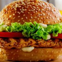 Grilled Chicken Burger · Juicy grilled chicken breast with mild cheddar cheese, tomatoes, onions, lettuce, mayonnaise...