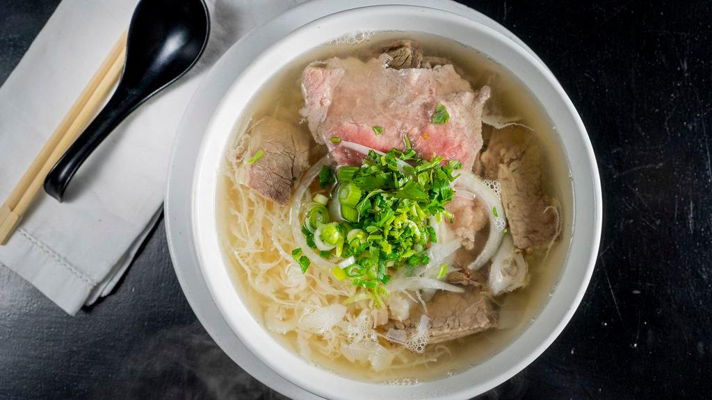 Beef Pho · Gluten free. Choice of up to three meats. Soups are topped with chopped cilantro and onions. Bean sprouts, basil, mint, jalapeño, and lime are served on the side. Soup may contain fish sauce.