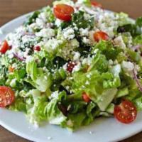 Large Greek · Romaine, bell peppers, kalamata olives, cucmber, cherry tomatoes, red onions, feta, red wine...