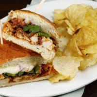 BBQ Chicken Sandwich · Mary's chicken, bbq sauce, cheddar cheese, bacon, red onions, cilantro, green onions, jalape...